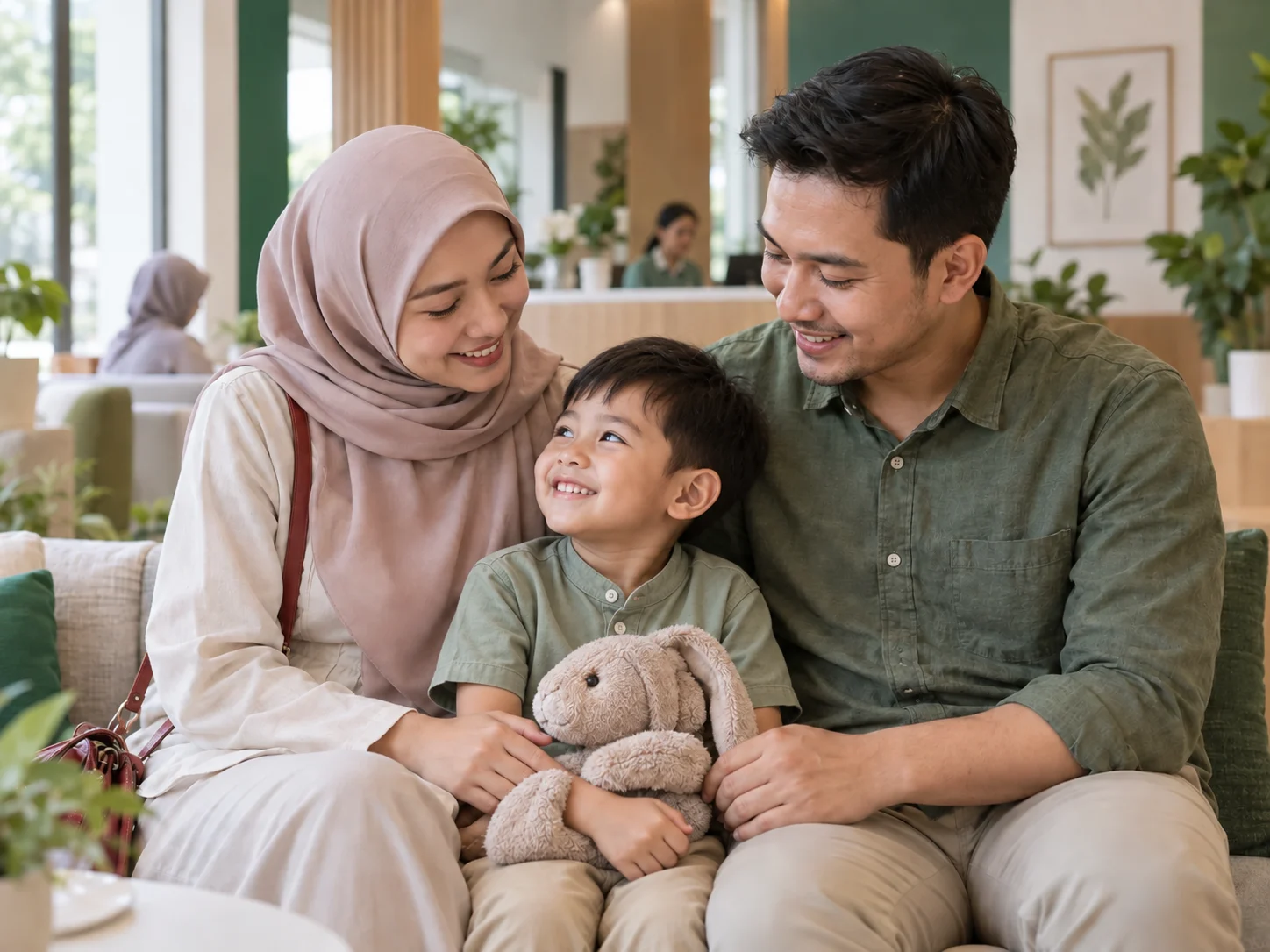 Keluarga Sunda Muslim bersama anak laki-laki yang nyaman mendapatkan layanan kesehatan di Adora Medika